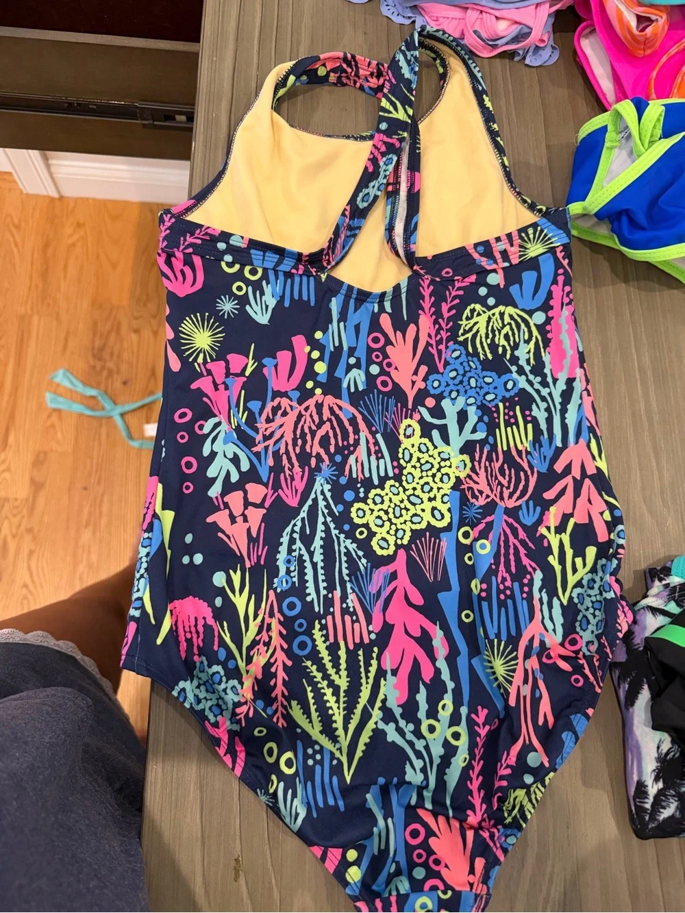 Lands' End Kids One-Piece Swimsuit in Navy with Neon Coral, Yellow & Aqua